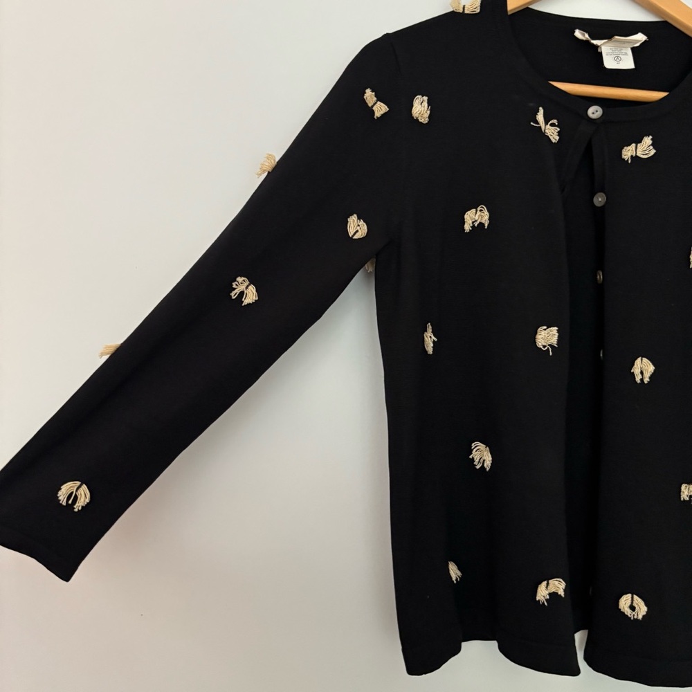 VTG Prep‎ Silk Cardigan Doncaster Sweater Women Small Black Tan Fringe Knit Chic
